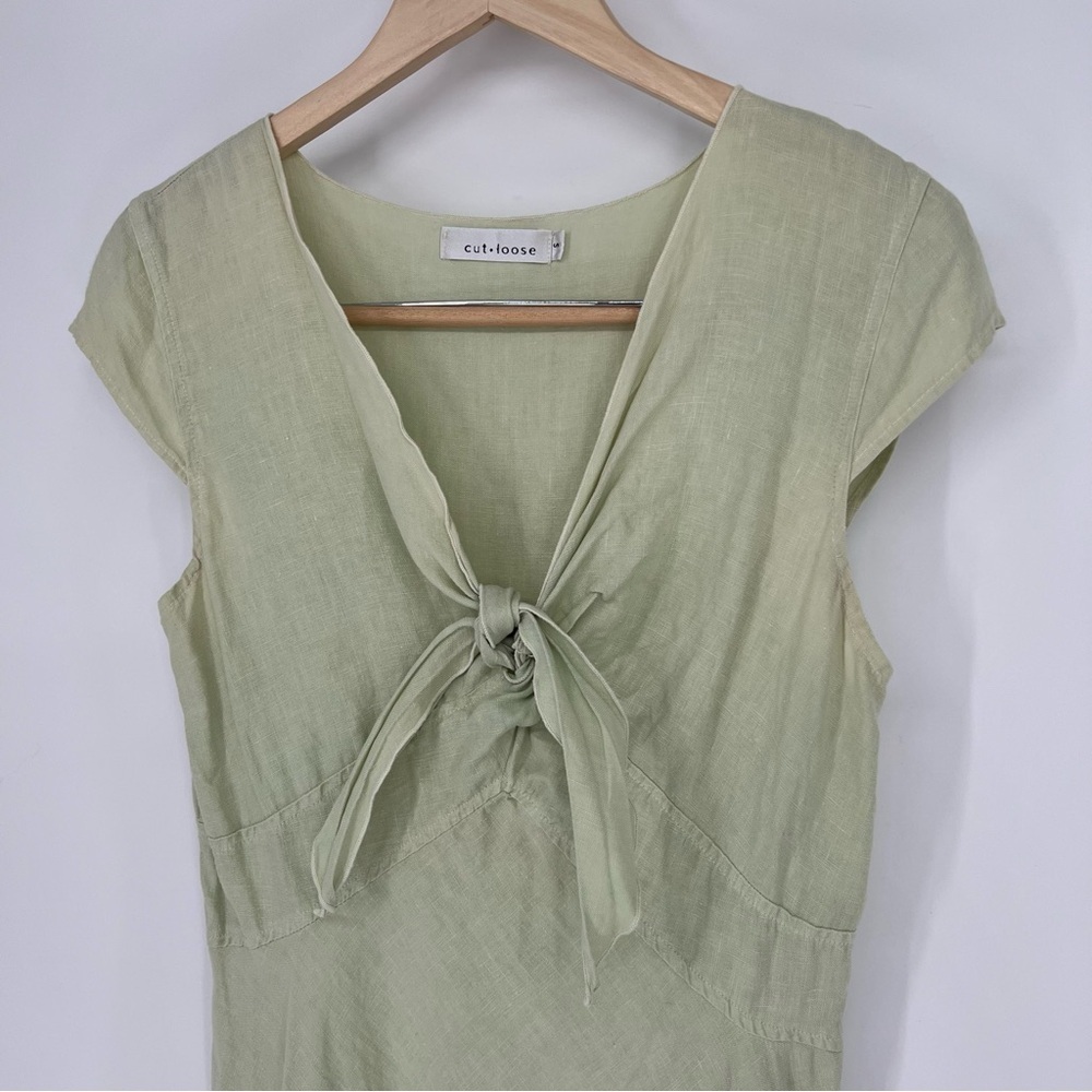 Cut Loose Tie Front Lime‎ Green Linen Midi Dress - Picture 2 of 13